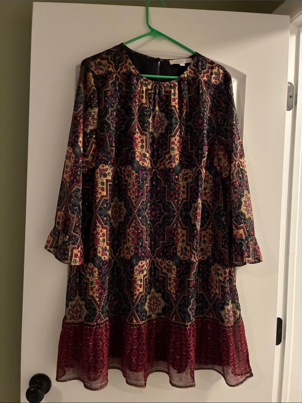 LOFT Long-Sleeve A-Line Dress in Burgundy, Navy, Cream